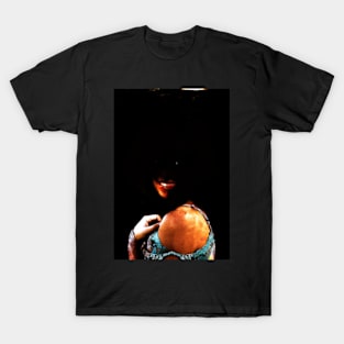 Special processing. Dark side. Girl with not visible face parts. Orange and blue. T-Shirt